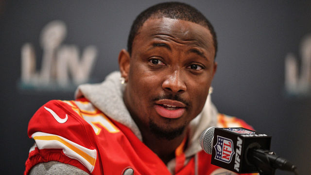 AVENTURA, FLORIDA - JANUARY 29: LeSean McCoy #25 of the Kansas City Chiefs speaks to the media during the Kansas City Chiefs media availability prior to Super Bowl LIV at the JW Marriott Turnberry on January 29, 2020 in Aventura, Florida.