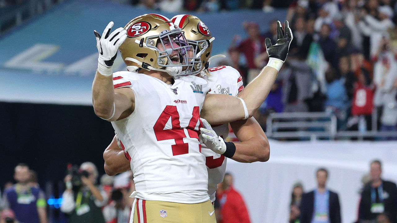 MIAMI, FLORIDA - FEBRUARY 02: Kyle Juszczyk #44 of the San Francisco 49ers reacts after a 15-yard touchdown reception against the Kansas City Chiefs during the second quarter in Super Bowl LIV at Hard Rock Stadium on February 02, 2020 in Miami, Florida.