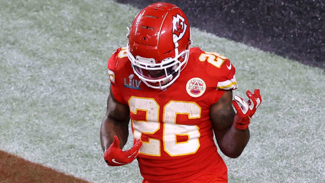 MIAMI, FLORIDA - FEBRUARY 02: Damien Williams #26 of the Kansas City Chiefs celebrates after a touchdown against the San Francisco 49ers during the fourth quarter in Super Bowl LIV at Hard Rock Stadium on February 02, 2020 in Miami, Florida.