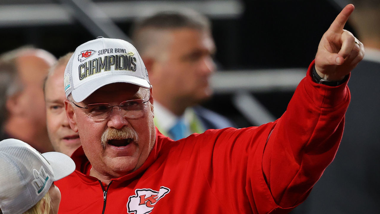 MIAMI, FLORIDA - FEBRUARY 02: Head coach Andy Reid of the Kansas City Chiefs celebrates after defeating San Francisco 49ers by 31 - 20in Super Bowl LIV at Hard Rock Stadium on February 02, 2020 in Miami, Florida.