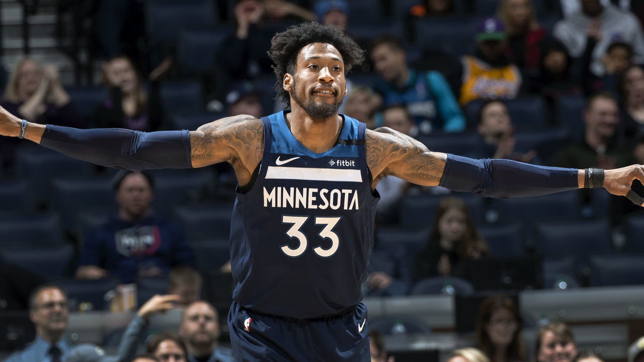 Minneapolis, MN January 27: Minnesota Timberwolves' Robert Covington celebrated after making a shot in the second quarter.