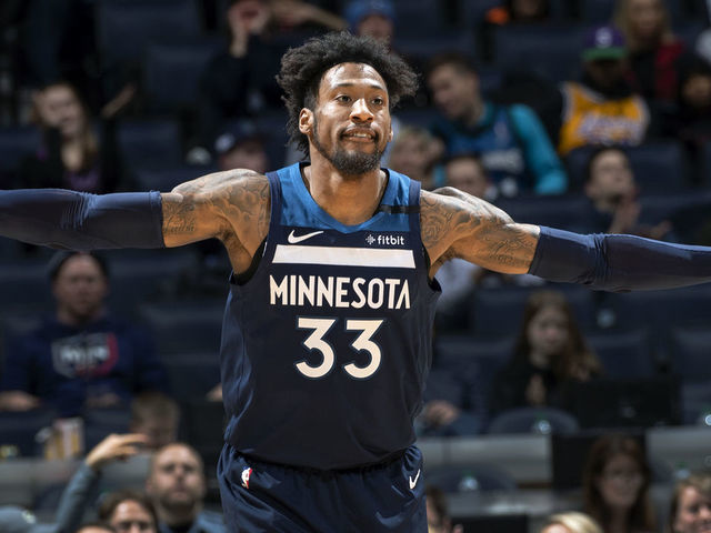Minneapolis, MN January 27: Minnesota Timberwolves' Robert Covington celebrated after making a shot in the second quarter.