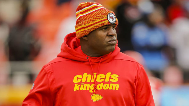 KANSAS CITY, MO - DECEMBER 29: Kansas City Chiefs offensive coordinator Eric Bieniemy walks the field prior to the game against the Los Angeles Chargers at Arrowhead Stadium on December 29, 2019 in Kansas City, Missouri.