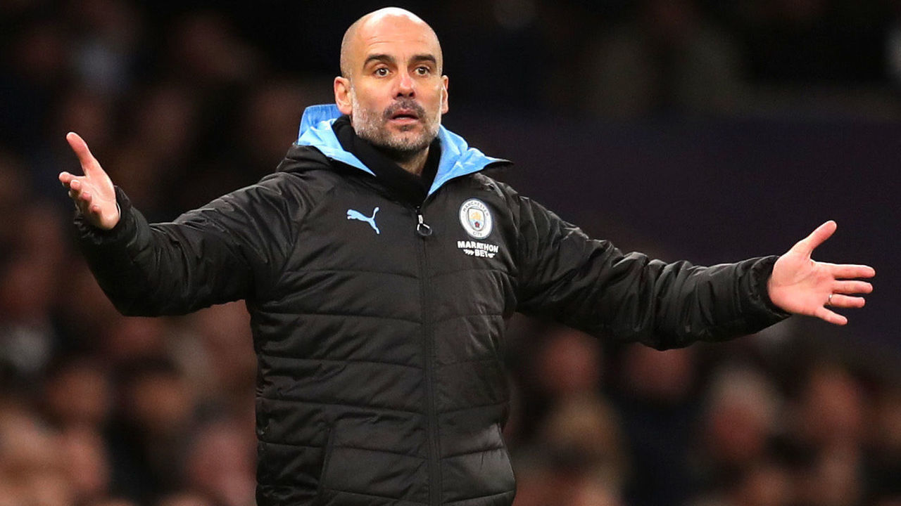 LONDON, ENGLAND - FEBRUARY 02: Pep Guardiola, Manager of Manchester City reatcs during the Premier League match between Tottenham Hotspur and Manchester City at Tottenham Hotspur Stadium on February 02, 2020 in London, United Kingdom.