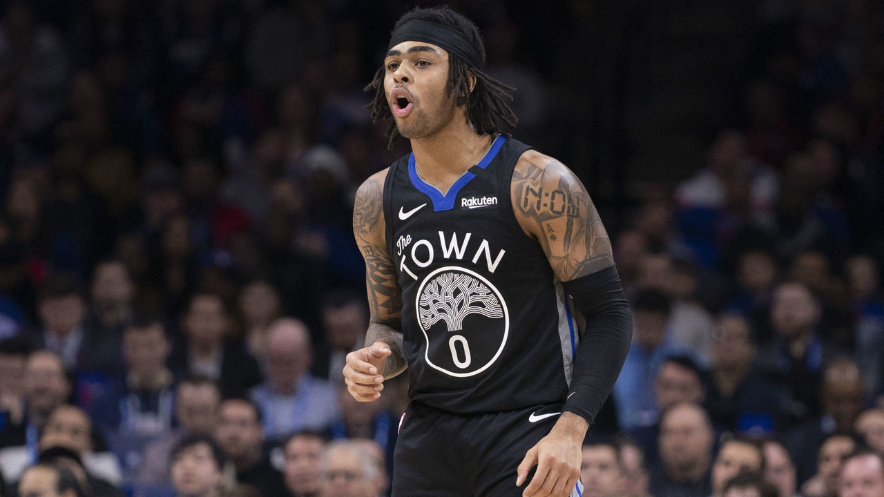 PHILADELPHIA, PA - JANUARY 28: D'Angelo Russell #0 of the Golden State Warriors reacts against the Philadelphia 76ers in the third quarter at the Wells Fargo Center on January 28, 2020 in Philadelphia, Pennsylvania. The 76ers defeated the Warriors 115-104. NOTE TO USER: User expressly acknowledges and agrees that, by downloading and/or using this photograph, user is consenting to the terms and conditions of the Getty Images License Agreement.
