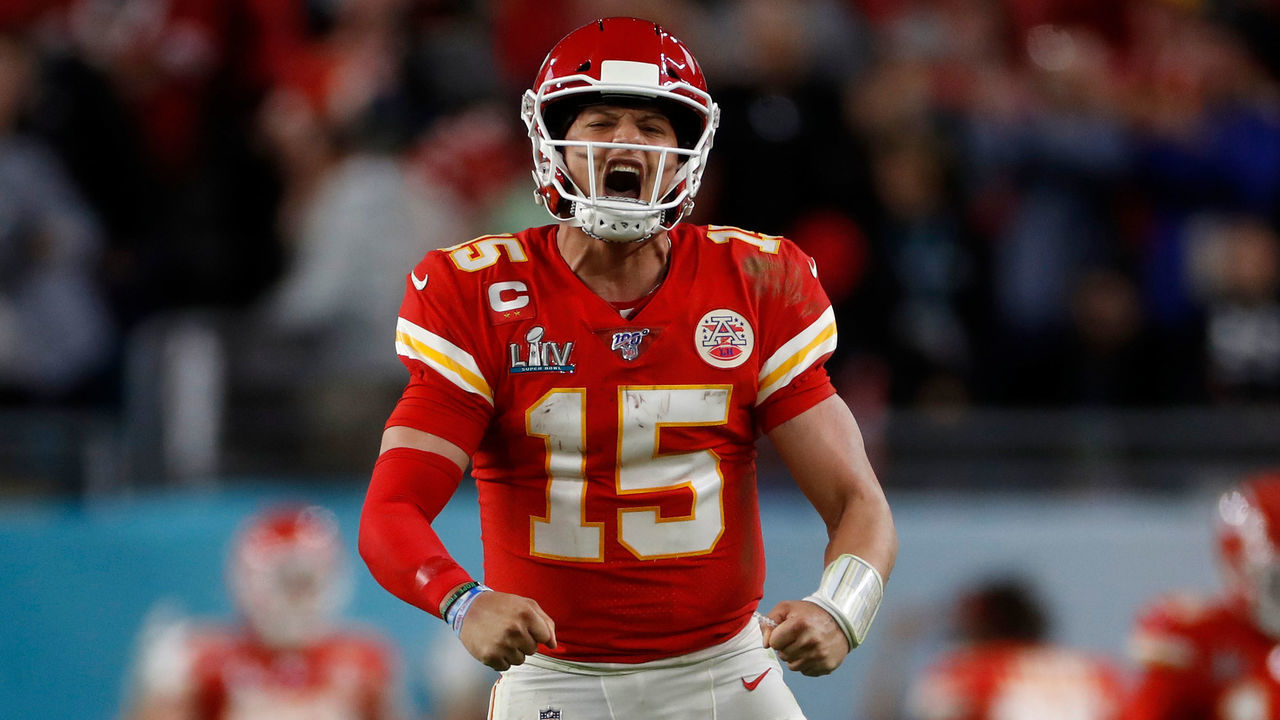 MIAMI GARDENS, FLORIDA - FEBRUARY 2: Kansas City Chiefs starting quarterback Patrick Mahomes (15) celebrates a touchdown against the San Francisco 49ers late in the fourth quarter of Super Bowl LIV at Hard Rock Stadium in Miami Gardens, Fla., on Sunday, Feb. 2, 2020. (Nhat V. Meyer/MediaNews Group/The Mercury News via Getty Images)