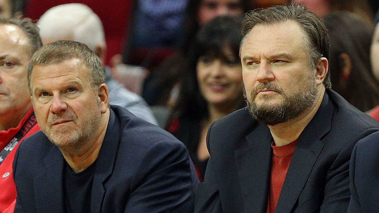 HOUSTON, TEXAS - OCTOBER 16: Houston Rockets owner Tilman Fertitta (2nd L) and general manager Daryl Morey look on from courtside against the San Antonio Spurs at Toyota Center on October 16, 2019 in Houston, Texas. NOTE TO USER: User expressly acknowledges and agrees that, by downloading and/or using this photograph, user is consenting to the terms and conditions of the Getty Images License Agreement.