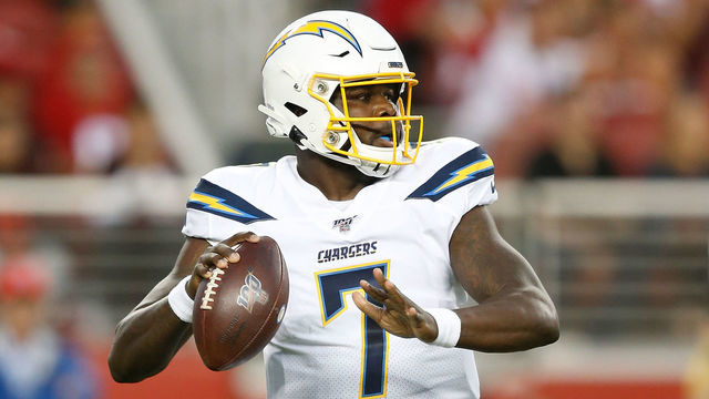 SANTA CLARA, CALIFORNIA - AUGUST 29: Quarterback Cardale Jones #7 of the Los Angeles Chargers looks to pass the ball against the San Francisco 49ers during the preseason game at Levi's Stadium on August 29, 2019 in Santa Clara, California.