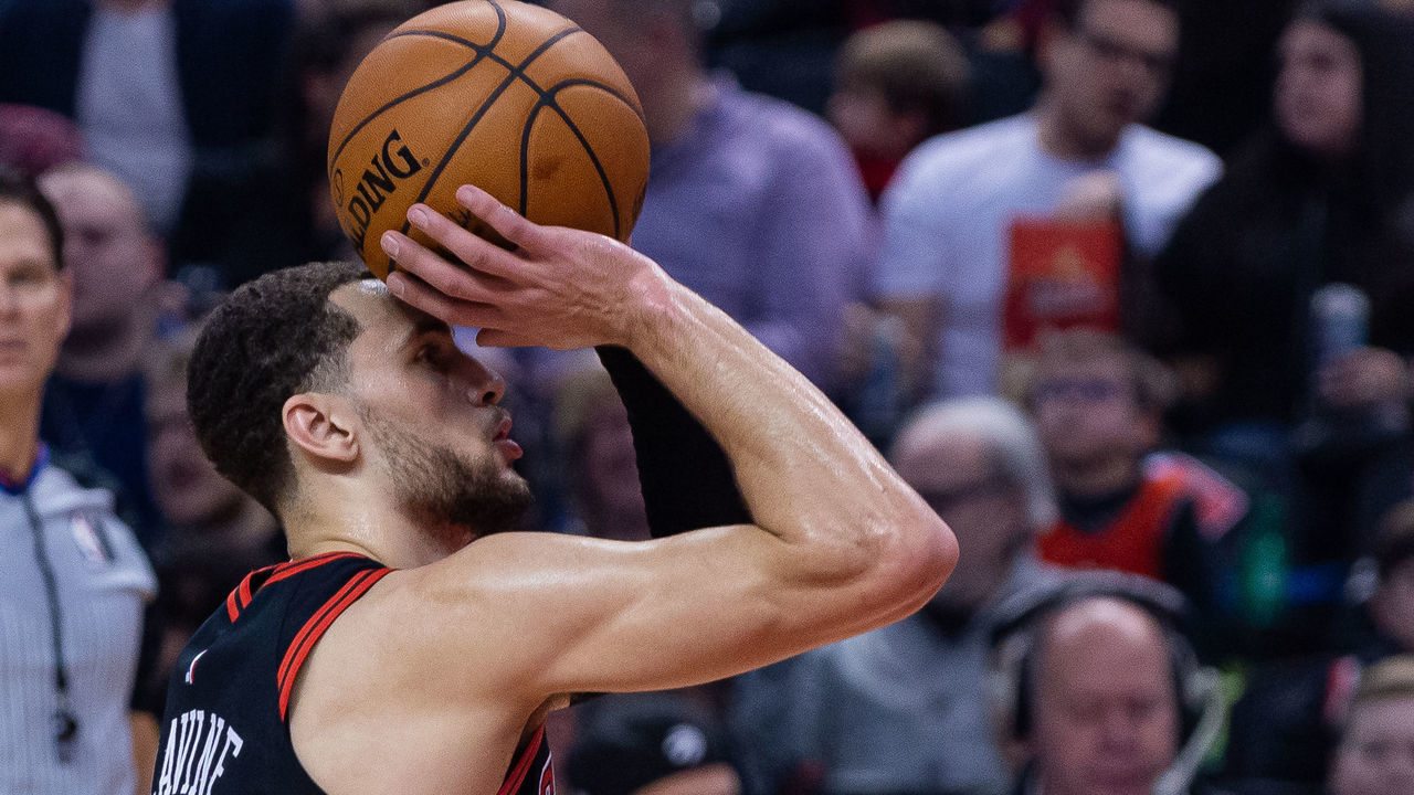 Zach LaVine #8 of Chicago Bulls performs a free throw during the Toronto Raptors vs Chicago Bulls NBA regular season game at Scotiabank Arena on February 02, 2020 in Toronto, Canada (Toronto Raptors won 129-102)