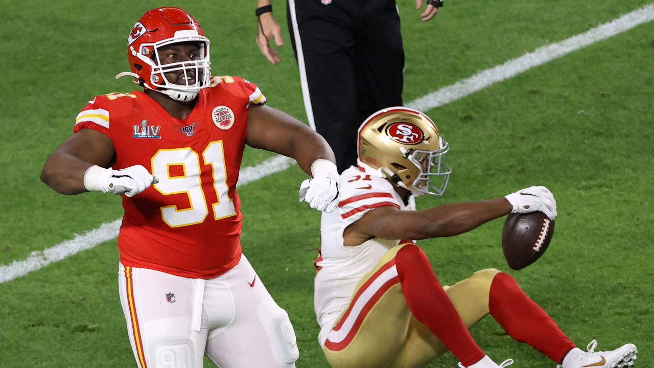 MIAMI, FLORIDA - FEBRUARY 02: Derrick Nnadi #91 of the Kansas City Chiefs reacts after a tackle against the San Francisco 49ers during the second quarter in Super Bowl LIV at Hard Rock Stadium on February 02, 2020 in Miami, Florida.