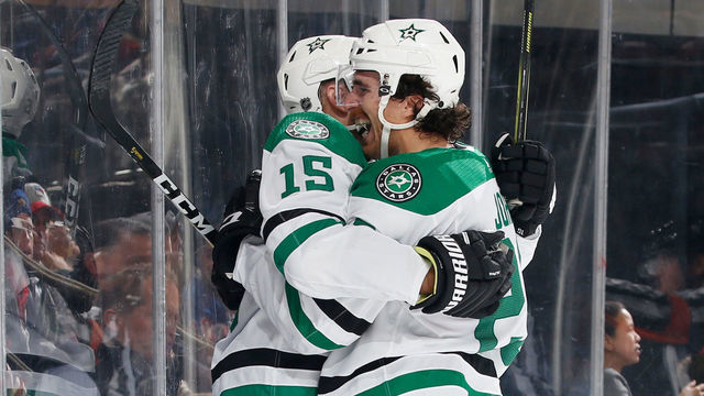 NEW YORK, NY - FEBRUARY 03: Stephen Johns #28 and Blake Comeau #15 of the Dallas Stars celebrate after scoring a goal in the second period against the New York Rangers at Madison Square Garden on February 3, 2020 in New York City.