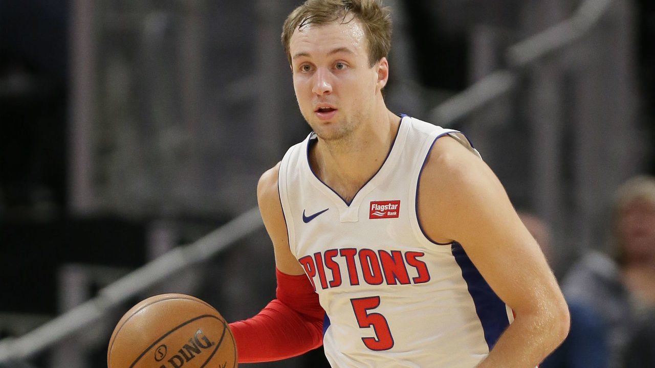 DETROIT, MI - DECEMBER 21: Luke Kennard #5 of the Detroit Pistons during the second half of a game against the Chicago Bulls at Little Caesars Arena on December 21, 2019, in Detroit, Michigan.