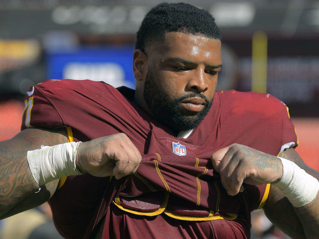 LANDOVER, MD - SEPTEMBER 16: Washington Redskins offensive tackle Trent Williams (71) walks off the field after a loss to the Indianapolis Colts on September 16, 2018, in Landover , MD.