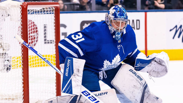 TORONTO, ON - JANUARY 18: Frederik Andersen #31 of the Toronto Maple Leafs looks on against the Chicago Blackhawks during the first period at the Scotiabank Arena on January 18, 2020 in Toronto, Ontario, Canada.