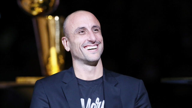 SAN ANTONIO, TX - NOVEMBER 11: A close up shot of Former NBA player, Manu Ginobili laughing during the Tony Parker jersey retirement ceremony during the Memphis Grizzlies game against the San Antonio Spurs on November 11, 2019 at the AT&T Center in San Antonio, Texas. Mandatory Copyright Notice: Copyright 2019 NBAE (Photos by Chris Elise/NBAE via Getty Images)