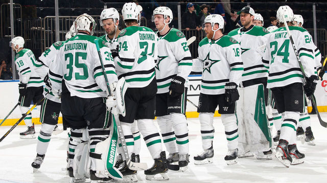 NEW YORK, NY - FEBRUARY 03: The Dallas Stars celebrate after defeating the New York Rangers 5-3 at Madison Square Garden on February 3, 2020 in New York City.