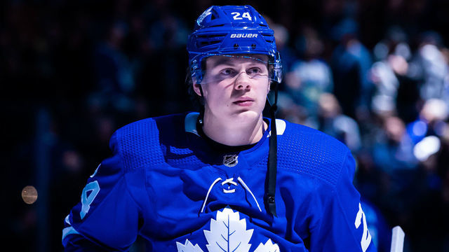 TORONTO, ON - JANUARY 18: Kasperi Kapanen #24 of the Toronto Maple Leafs during opening ceremonies before a game against the Chicago Blackhawks during the first period at the Scotiabank Arena on January 18, 2020 in Toronto, Ontario, Canada.