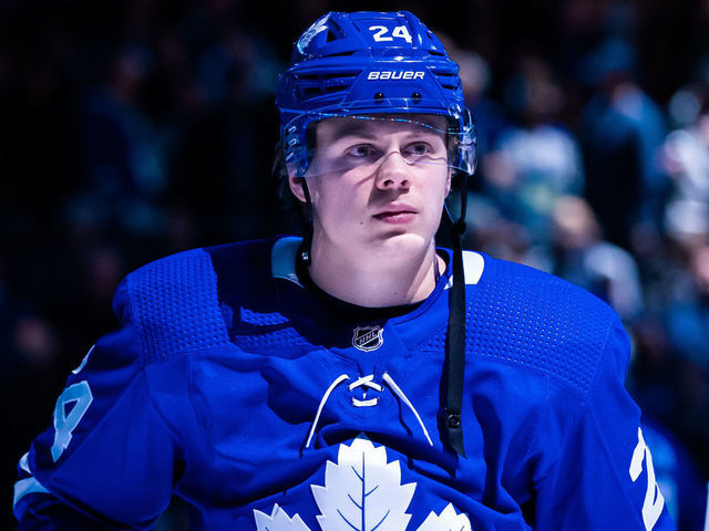 TORONTO, ON - JANUARY 18: Kasperi Kapanen #24 of the Toronto Maple Leafs during opening ceremonies before a game against the Chicago Blackhawks during the first period at the Scotiabank Arena on January 18, 2020 in Toronto, Ontario, Canada.