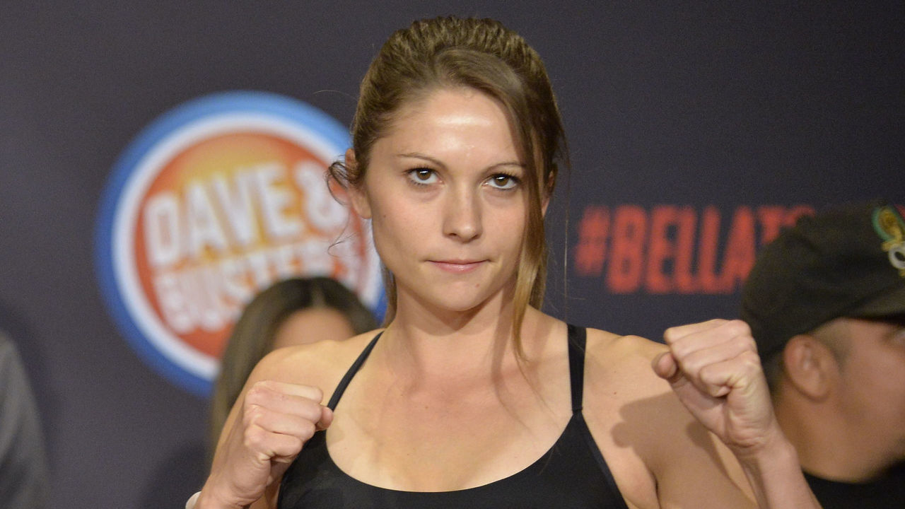 UNCASVILLE, CT - OCTOBER 19: Heather Hardy and Kristina Williams pose for photos at the weigh-in. Heather Hardy will be challenging Kristina Williams in a Flyweight bout on October 19, 2017 at Bellator 185 at the Mohegan Sun Arena in Uncasville, Connecticut.