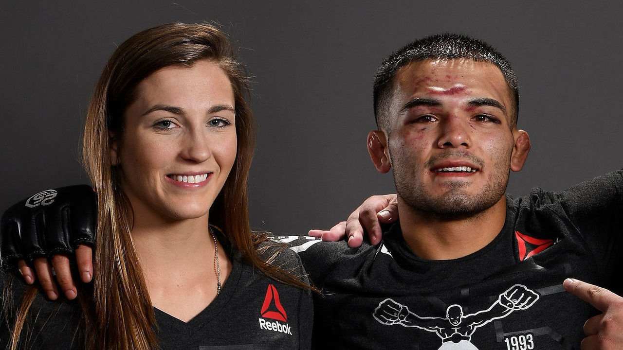 DENVER, CO - NOVEMBER 10: Mark De La Rosa (C) poses for a post fight portrait with his wife Montana (L) backstage during the UFC Fight Night event inside Pepsi Center on November 10, 2018 in Denver, Colorado.