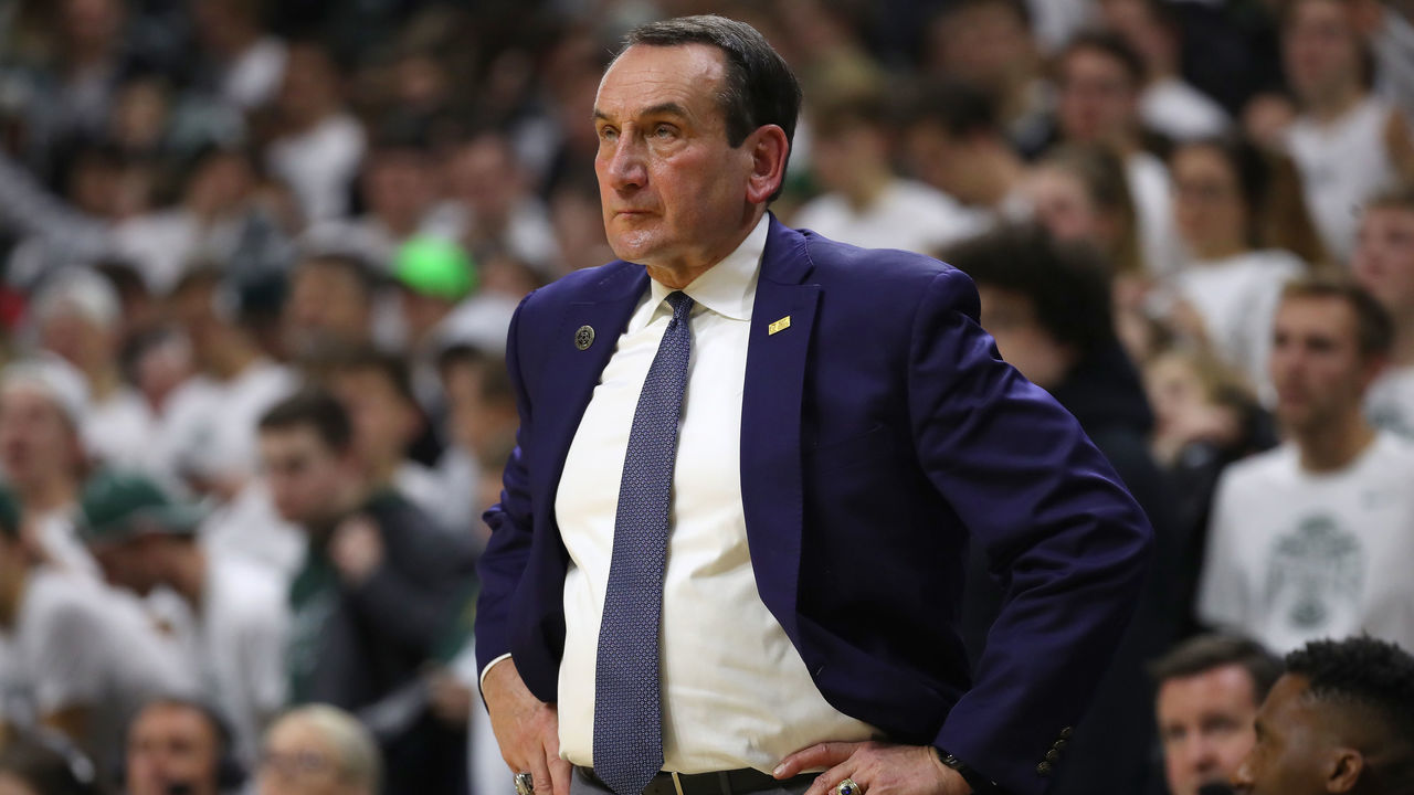 EAST LANSING, MICHIGAN - DECEMBER 03: Head coach Mike Krzyzewski of the Duke Blue Devils reacts from the bench while playing the Michigan State Spartans at the Breslin Center on December 03, 2019 in East Lansing, Michigan.