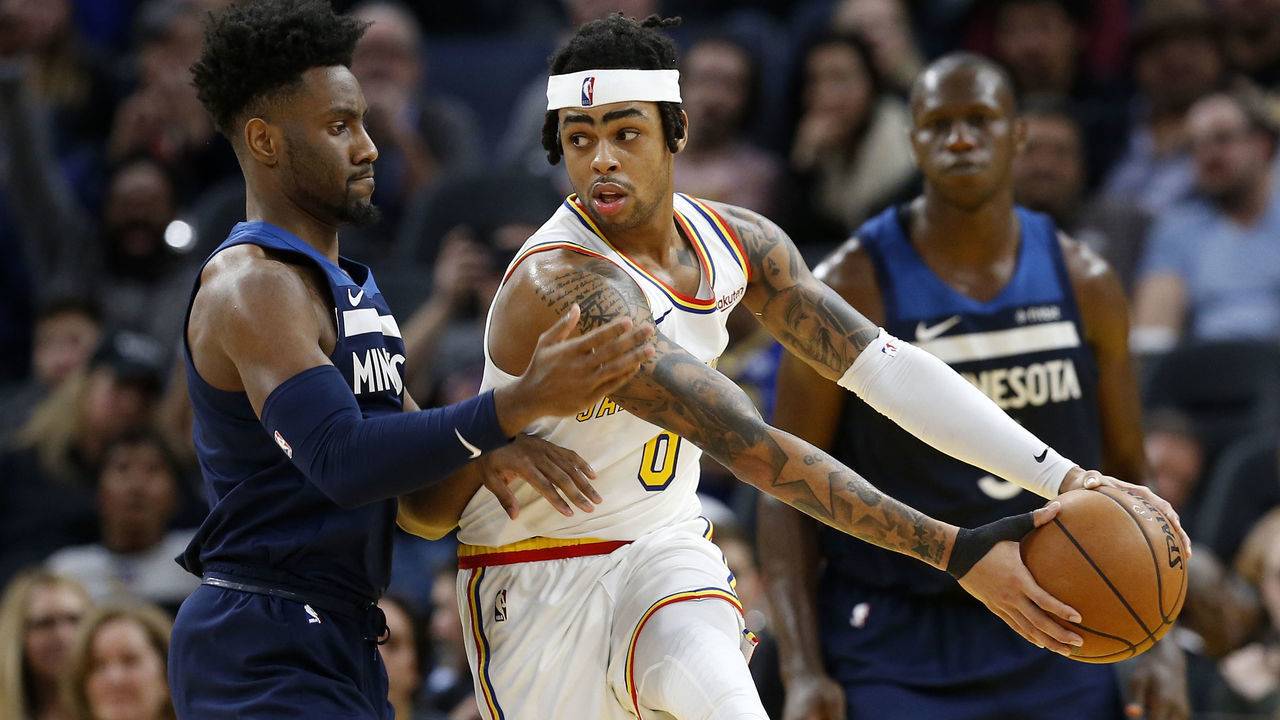 SAN FRANCISCO, CA: DECEMBER 23: Golden State Warriors' D'Angelo Russell #0 grabs a rebound as he's guarded by Minnesota Timberwolves' Jaylen Nowell #4 in the third quarter of their NBA game at the Chase Center in San Francisco, Calif., on Monday, Dec. 23, 2019. (Jane Tyska/Digital First Media/The East Bay Times via Getty Images)