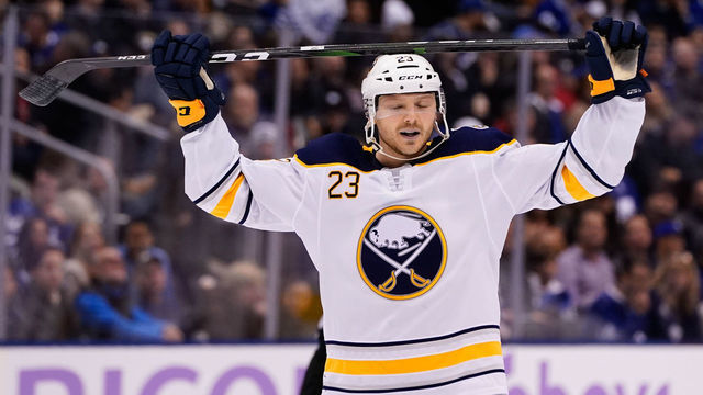TORONTO, ON - NOVEMBER 30: Buffalo Sabres center Sam Reinhart #23 places his stick on his head during a break against the Toronto Maple Leafs at the Scotiabank Arena on November 30, 2019 in Toronto, Ontario, Canada.