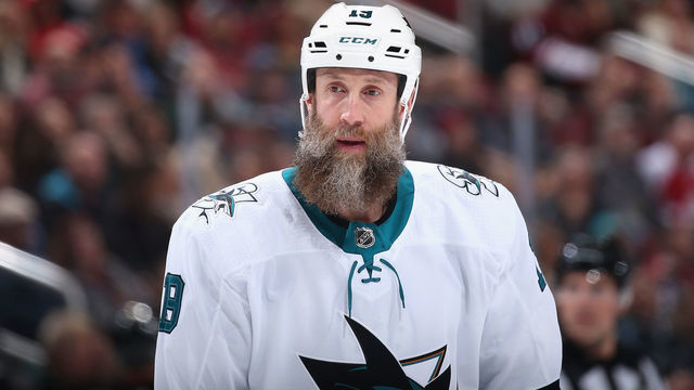 GLENDALE, ARIZONA - JANUARY 14: Joe Thornton #19 of the San Jose Sharks during the second period of the NHL game against the Arizona Coyotes at Gila River Arena on January 14, 2020 in Glendale, Arizona.