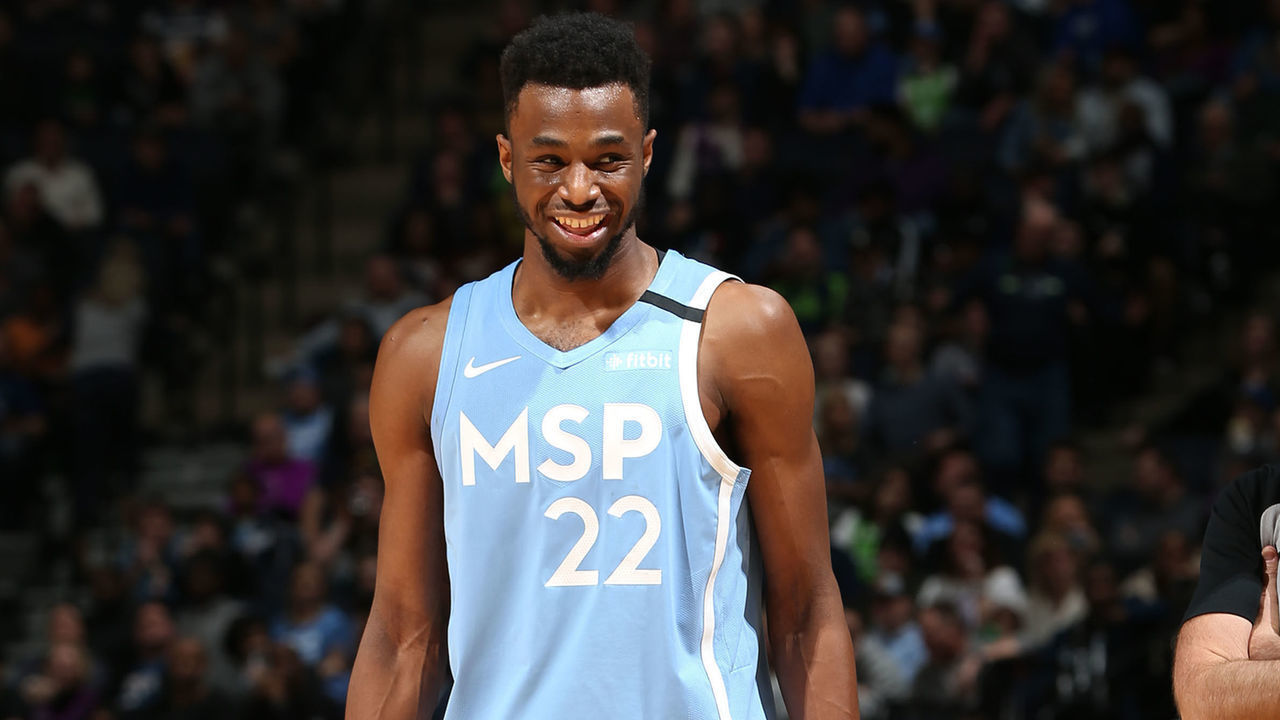 MINNEAPOLIS, MN - JANUARY 24: Andrew Wiggins #22 of the Minnesota Timberwolves smiles during the game against the Houston Rockets on January 24, 2020 at Target Center in Minneapolis, Minnesota. Mandatory Copyright Notice: Copyright 2020 NBAE
