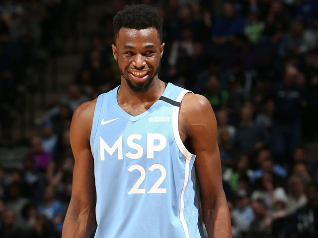 MINNEAPOLIS, MN - JANUARY 24: Andrew Wiggins #22 of the Minnesota Timberwolves smiles during the game against the Houston Rockets on January 24, 2020 at Target Center in Minneapolis, Minnesota. Mandatory Copyright Notice: Copyright 2020 NBAE