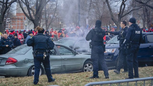 KANSAS CITY, MO - FEBRUARY 05: Kansas City Police arrest a suspect who led police on a chase down the main parade route on Grand Street three hours before the Kansas City Super Bowl Parade on February 5, 2020 in Kansas City, Missouri.