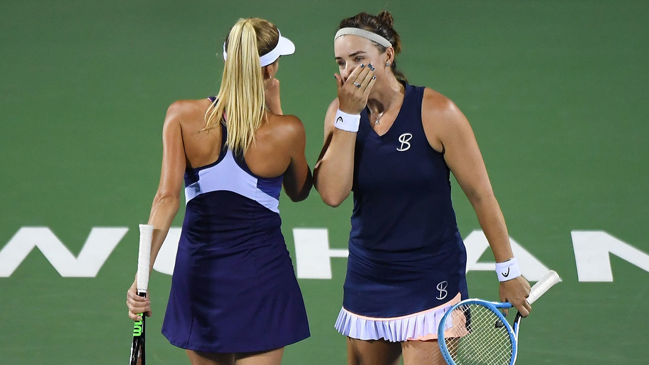 WUHAN, CHINA - SEPTEMBER 26: Nadiia Kichenok of Ukraine and Abigail Spears of the United States reacts during the match against Yingying Duan of China and Veronika Kudermetova of Russia on Day 5 of 2019 Dongfeng Motor Wuhan Open at Optics Valley International Tennis Center on September 26, 2019 in Wuhan, China.