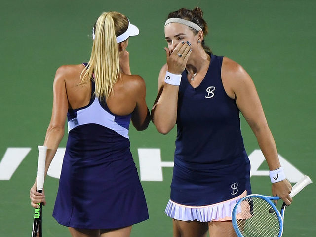 WUHAN, CHINA - SEPTEMBER 26: Nadiia Kichenok of Ukraine and Abigail Spears of the United States reacts during the match against Yingying Duan of China and Veronika Kudermetova of Russia on Day 5 of 2019 Dongfeng Motor Wuhan Open at Optics Valley International Tennis Center on September 26, 2019 in Wuhan, China.