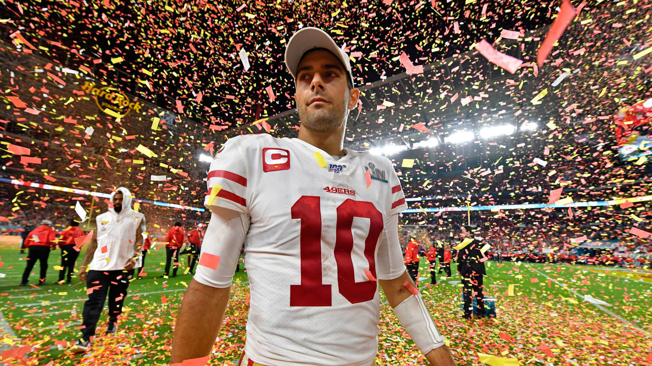 MIAMI GARDENS, FL - FEBRUARY 2: San Francisco 49ers' quarterback Jimmy Garoppolo (10) walks off the field after being defeated by the Kansas City Chiefs in Super Bowl LIV at Hard Rock Stadium in Miami Gardens, Fla., on Sunday, Feb. 2, 2020. The Kansas City Chiefs defeated the San Francisco 49ers 31-20. (Jose Carlos Fajardo/MediaNews Group/The Mercury News via Getty Images)