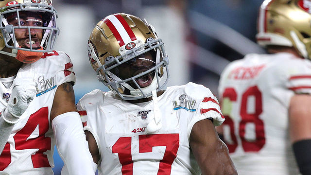 MIAMI, FLORIDA - FEBRUARY 02: Kendrick Bourne #84 of the San Francisco 49ers and Emmanuel Sanders #17 of the San Francisco 49ers react during the third quarter against the Kansas City Chiefs in Super Bowl LIV at Hard Rock Stadium on February 02, 2020 in Miami, Florida.