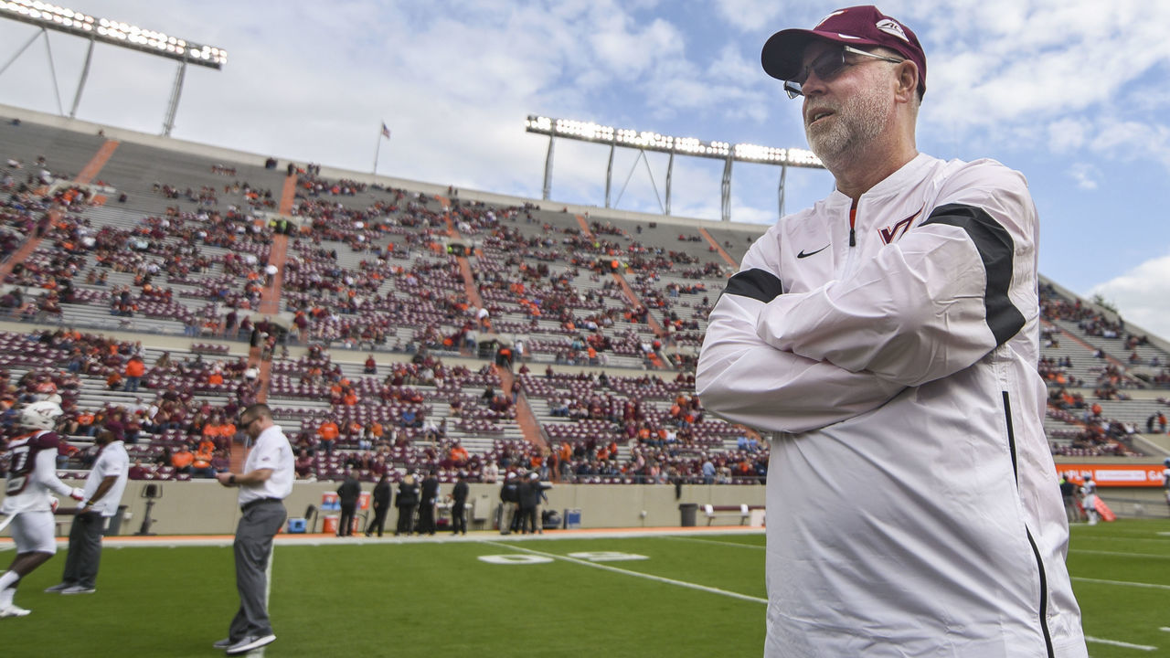 BLACKSBURG, VA - OCTOBER 12: Special Assistant to the Head Coach, Jerry Kill, of the Virginia Tech Hokies looks on prior to the game against the Rhode Island Rams at Lane Stadium on October 12, 2019 in Blacksburg, Virginia.