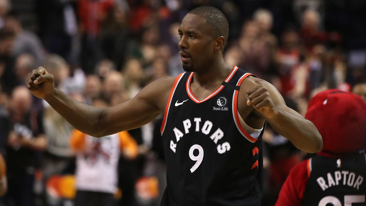 TORONTO, ON- FEBRUARY 5 - Toronto Raptors center Serge Ibaka (9) celebrates after the game as the Toronto Raptors beat the Indiana Pacers 119-118 to extend their winning streak to franchise record 12 games at Scotiabank Arena in Toronto. February 5, 2020. (Steve Russell/Toronto Star via Getty Images)