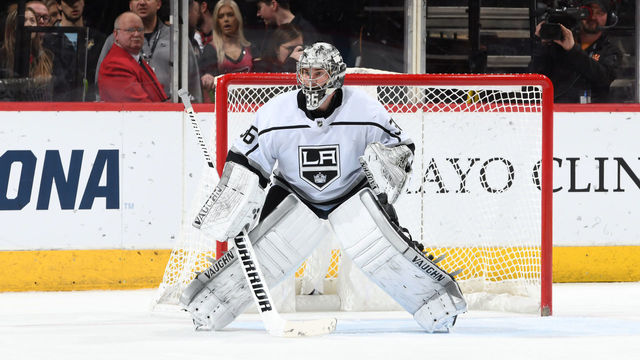 GLENDALE, ARIZONA - JANUARY 30: Jack Campbell #36 of the Los Angeles Kings gets ready to make a save against the Arizona Coyotes at Gila River Arena on January 30, 2020 in Glendale, Arizona.