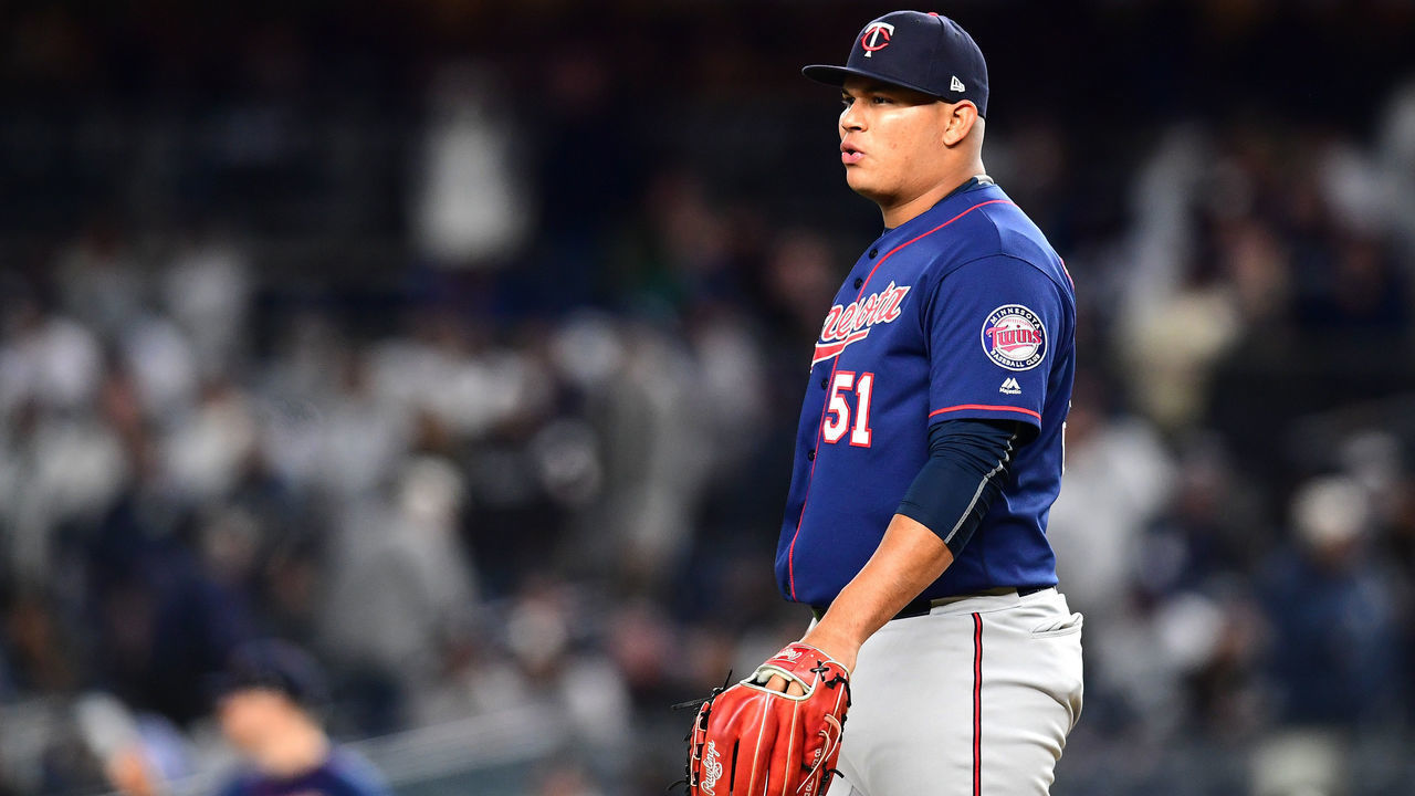 NEW YORK, NEW YORK - OCTOBER 04: Brusdar Graterol #51 of the Minnesota Twins reacts on the mound against the New York Yankees during the eighth inning in game one of the American League Division Series at Yankee Stadium on October 04, 2019 in New York City.