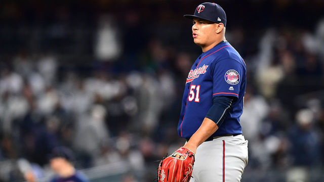 NEW YORK, NEW YORK - OCTOBER 04: Brusdar Graterol #51 of the Minnesota Twins reacts on the mound against the New York Yankees during the eighth inning in game one of the American League Division Series at Yankee Stadium on October 04, 2019 in New York City.