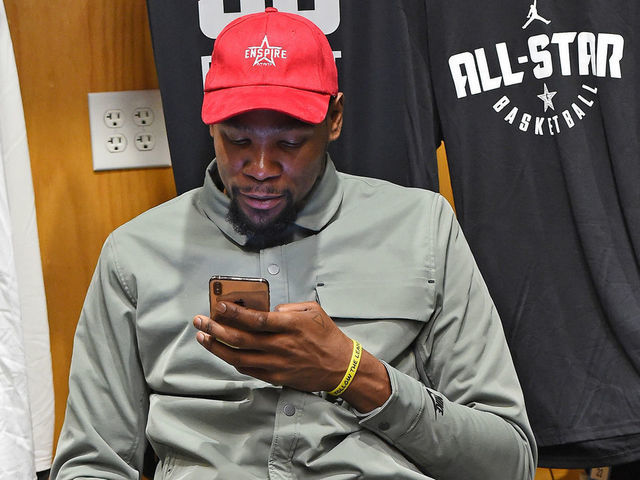 CHARLOTTE, NC - FEBRUARY 16: Kevin Durant #35 of Team LeBron gets ready in the locker room before the 2019 NBA All-Star Practice and Media Availability on February 16, 2019 at Bojangles Coliseum in Charlotte, North Carolina. Mandatory Copyright Notice: Copyright 2019 NBAE