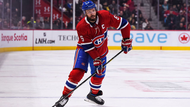 MONTREAL, QC - FEBRUARY 02: Montreal Canadiens defenceman Shea Weber (6) shoots the puck during the Columbus Blue Jackets versus the Montreal Canadiens game on February 02, 2020, at Bell Centre in Montreal, QC