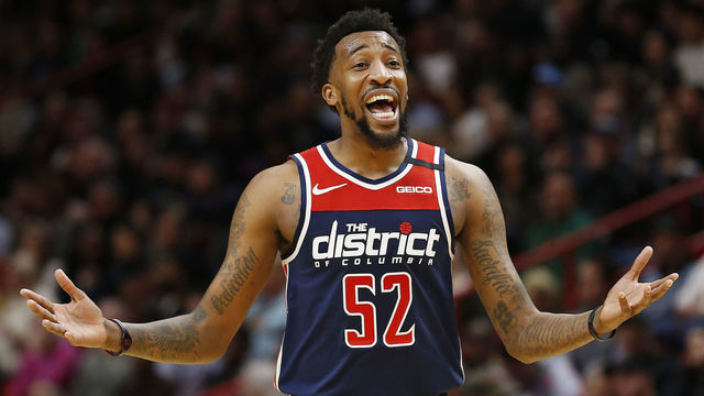 MIAMI, FLORIDA - JANUARY 22: Jordan McRae #52 of the Washington Wizards reacts against the Miami Heat during the second half at American Airlines Arena on January 22, 2020 in Miami, Florida. NOTE TO USER: User expressly acknowledges and agrees that, by downloading and/or using this photograph, user is consenting to the terms and conditions of the Getty Images License Agreement.