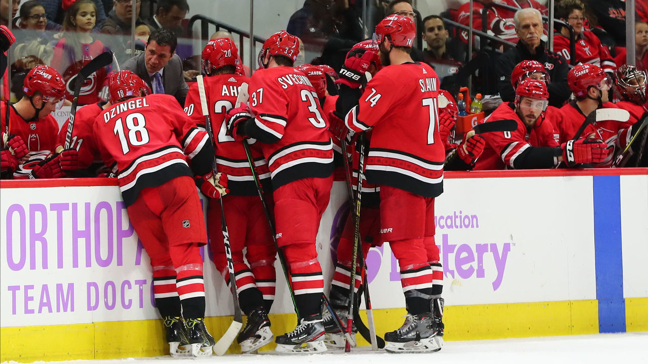 RALEIGH, NC - NOVEMBER 21: Carolina Hurricanes with Head Coach Rod Brind'Amour during the 3rd half of the Carolina Hurricanes game versus the New York Rangers on November 21st, 2019 at PNC Arena in Raleigh, NC