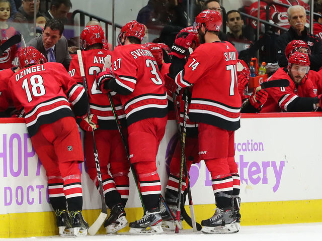 RALEIGH, NC - NOVEMBER 21: Carolina Hurricanes with Head Coach Rod Brind'Amour during the 3rd half of the Carolina Hurricanes game versus the New York Rangers on November 21st, 2019 at PNC Arena in Raleigh, NC