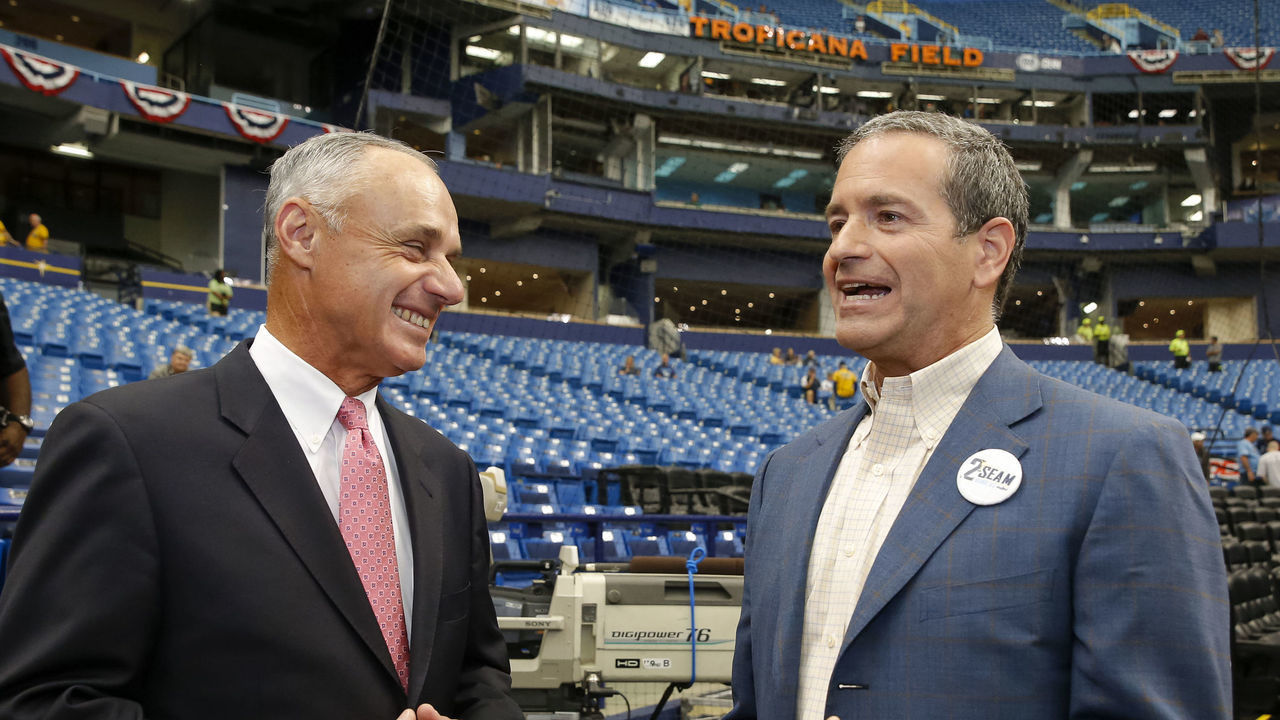 ST. PETERSBURG, FL - APRIL 3: Tampa Bay Rays principal owner Stuart Sternberg greets Commissioner of Baseball Robert D. Manfred Jr. before the Opening Day game against the Toronto Blue Jays at Tropicana Field on Sunday, April 3, 2016 in St. Petersburg, Florida.