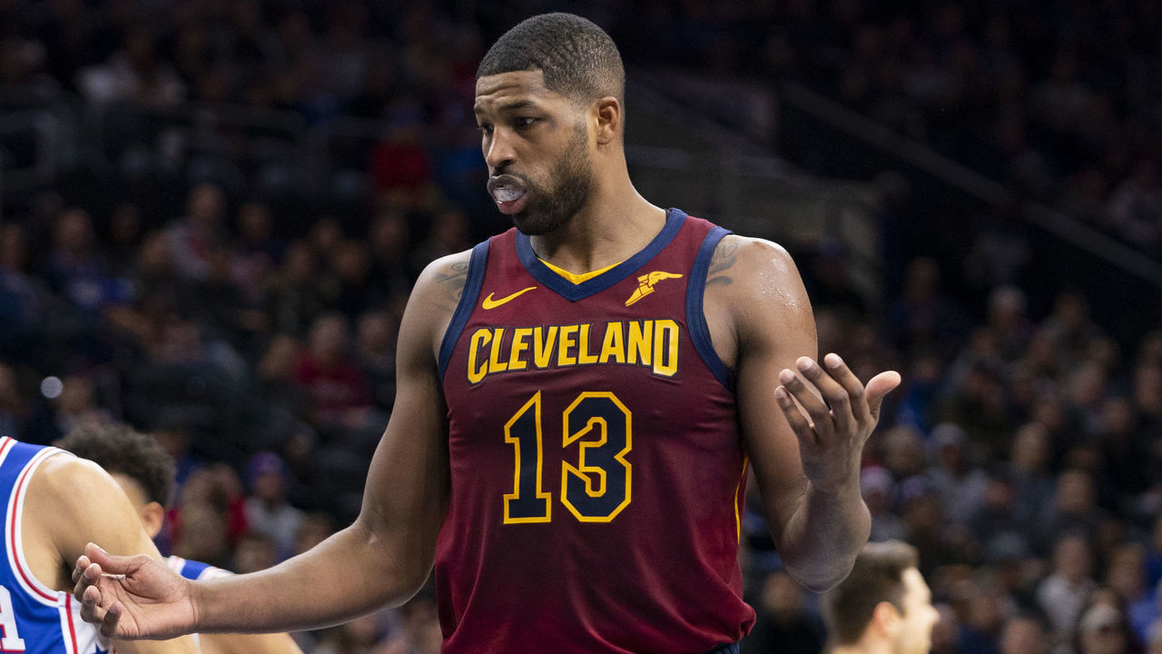 PHILADELPHIA, PA - NOVEMBER 12: Tristan Thompson #13 of the Cleveland Cavaliers reacts after being called for a foul against the Philadelphia 76ers in the second quarter at the Wells Fargo Center on November 12, 2019 in Philadelphia, Pennsylvania. NOTE TO USER: User expressly acknowledges and agrees that, by downloading and/or using this photograph, user is consenting to the terms and conditions of the Getty Images License Agreement.