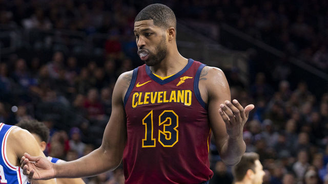 PHILADELPHIA, PA - NOVEMBER 12: Tristan Thompson #13 of the Cleveland Cavaliers reacts after being called for a foul against the Philadelphia 76ers in the second quarter at the Wells Fargo Center on November 12, 2019 in Philadelphia, Pennsylvania. NOTE TO USER: User expressly acknowledges and agrees that, by downloading and/or using this photograph, user is consenting to the terms and conditions of the Getty Images License Agreement.