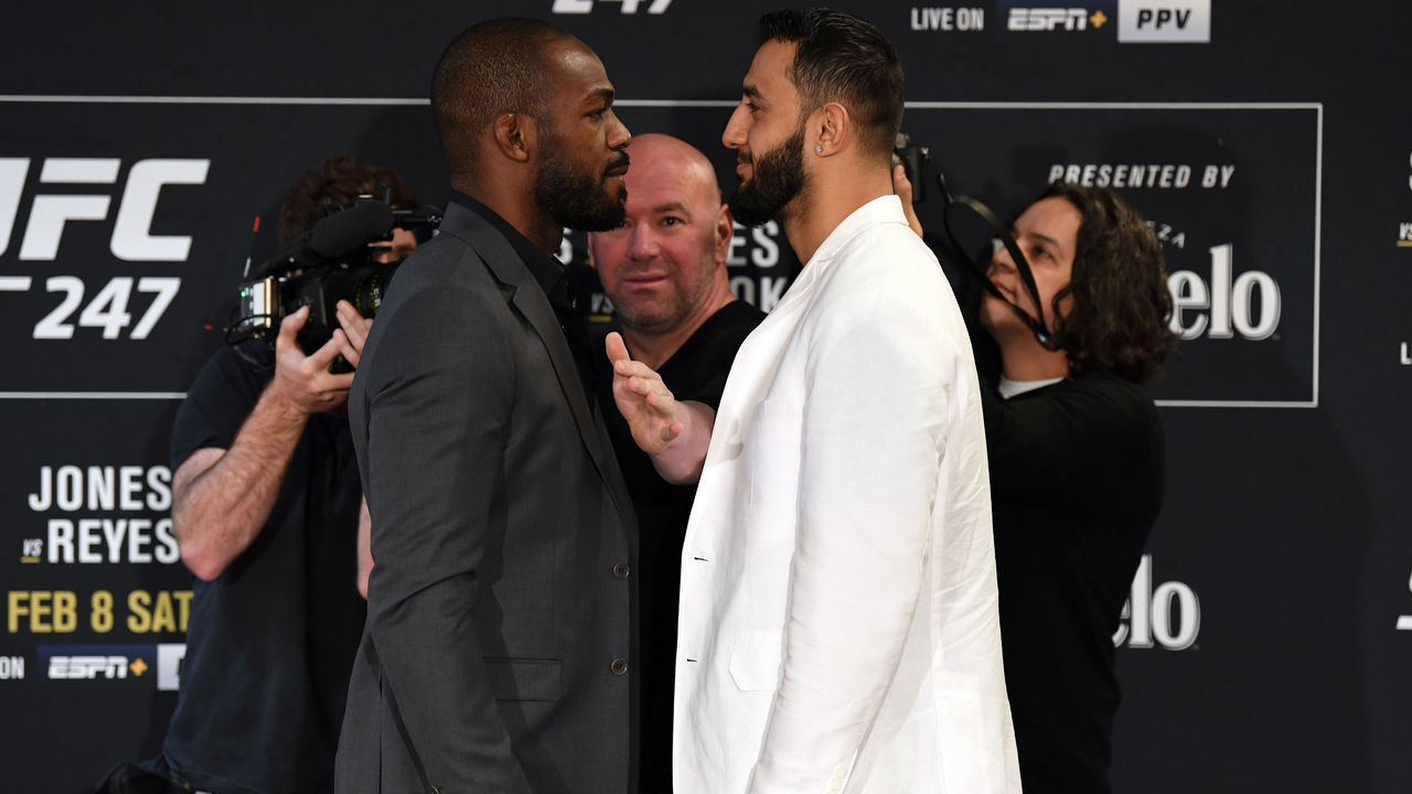 HOUSTON, TEXAS - FEBRUARY 06: (L-R) Opponents Jon Jones and Dominick Reyes face off during the UFC 247 Ultimate Media Day at the Crowne Plaza Houston River Oaks on February 06, 2020 in Houston, Texas.
