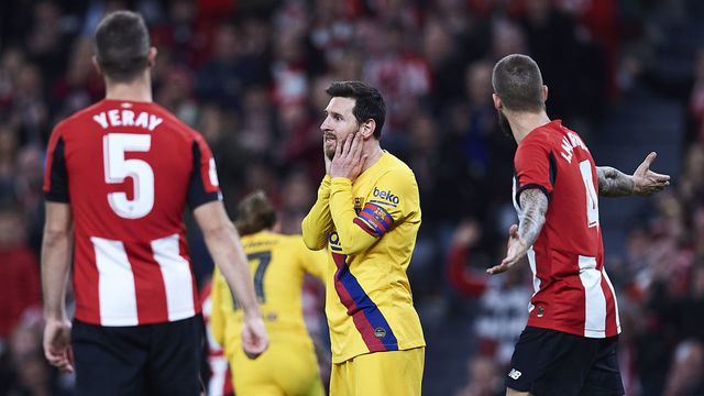 BILBAO, SPAIN - FEBRUARY 06: Lionel Messi of FC Barcelona reacts during the Copa del Rey quarter final match between Athletic Bilbao and FC Barcelona at Estadio de San Mames on February 06, 2020 in Bilbao, Spain.